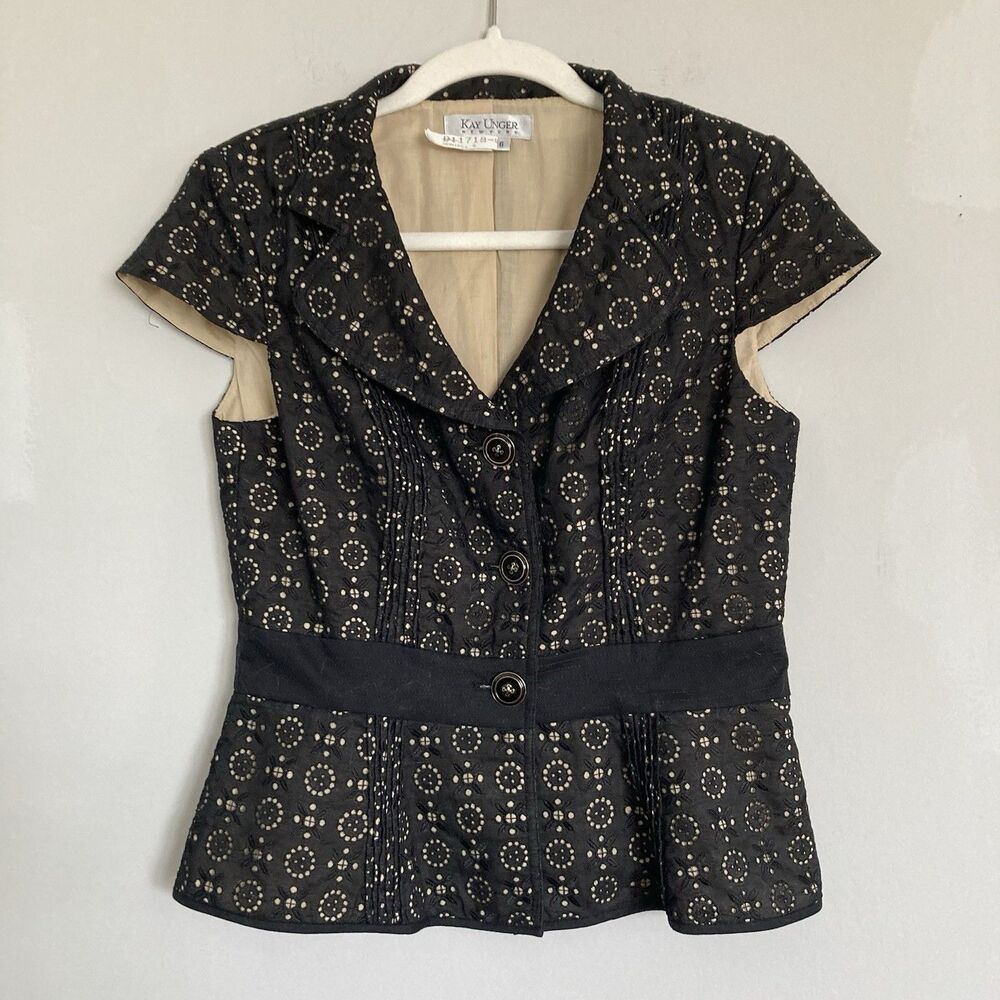 Vintage Kay Unger Eyelet Peplum Top 6 Blouse Black Cotton Elegant Sophisticated